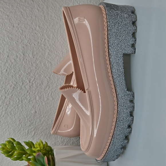 Melissa Blush Silver Glitter Platform Jelly Loafers Size 8 - Picture 3 of 12